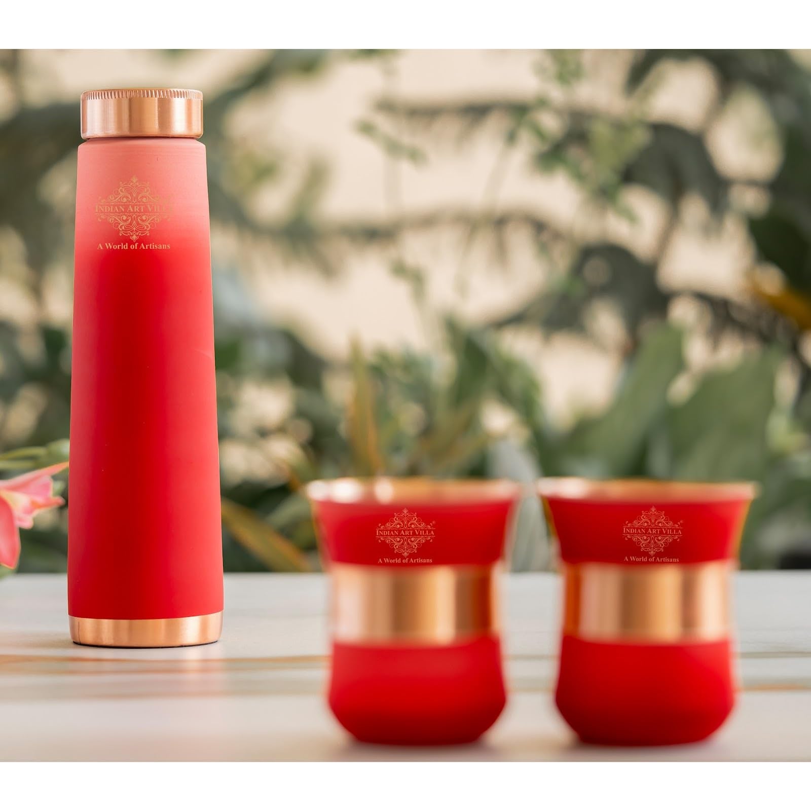 INDIAN ART VILLA Copper Bottle & Glass Gift Set - 800 ml Water Bottle & 2 Glasses (300 ml Each) - Red Pyramid Ombre Silk Finish, Perfect for Gifting & Everyday Use