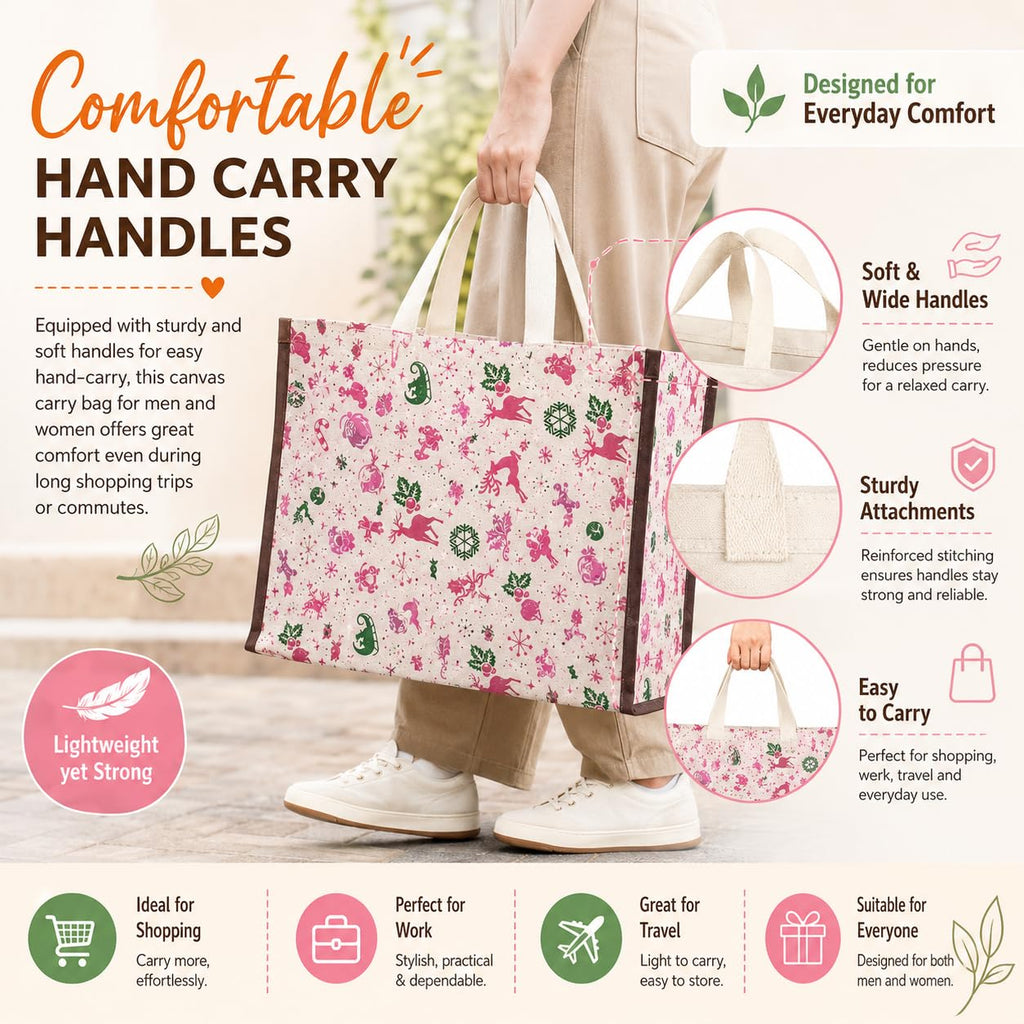 DOUBLE R BAGS Big Heavy Duty Large Eco Cotton Canvas Grocery Shopping Bag for Men & Women Vegetable Milk Fruits with Hand Carry Handle Lunch Box Jhola Tote Bags (Christmas, Pack of 3)