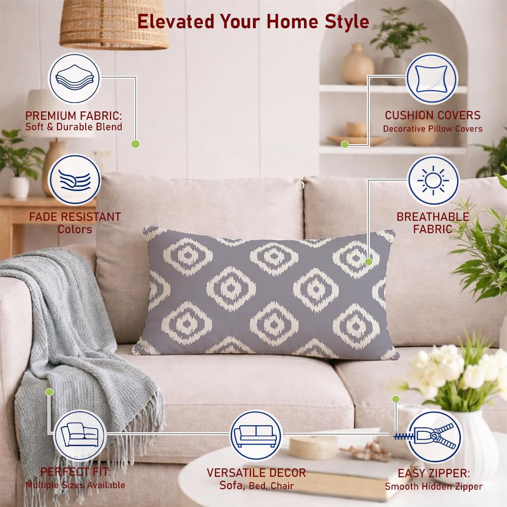 STITCHNEST Set of 2 Polycotton Cushion Covers – 12x18 Inches – Grey & White Ikat Geometric Print – Elegant Cushion Covers for Sofa & Living Room | Perfect for Home Decor