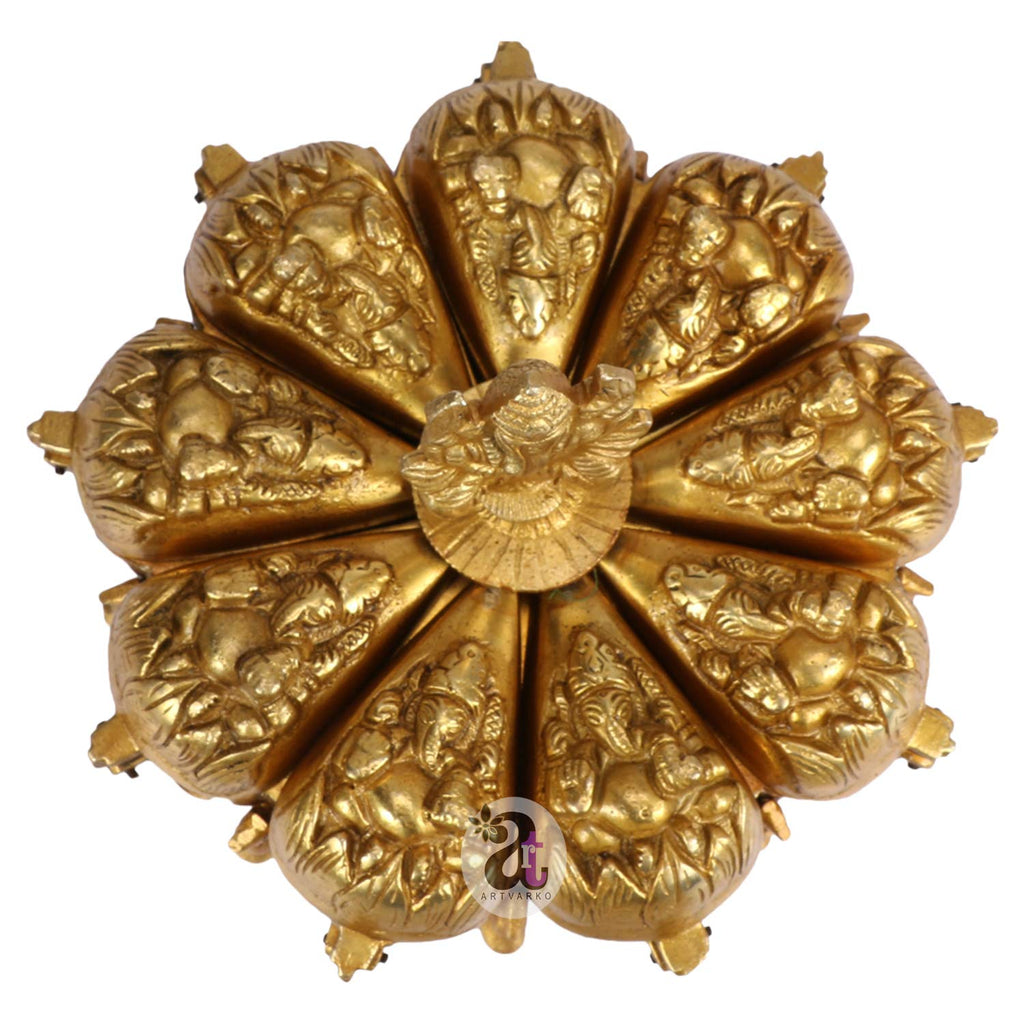 ARTVARKO Brass Ganesha Chopda Box Ganpati Idol Multiple Nine Box Compartment for Kumkum Sindoor Vermillion Worshiping Ritual Marriage Gift Gold 6 Inch