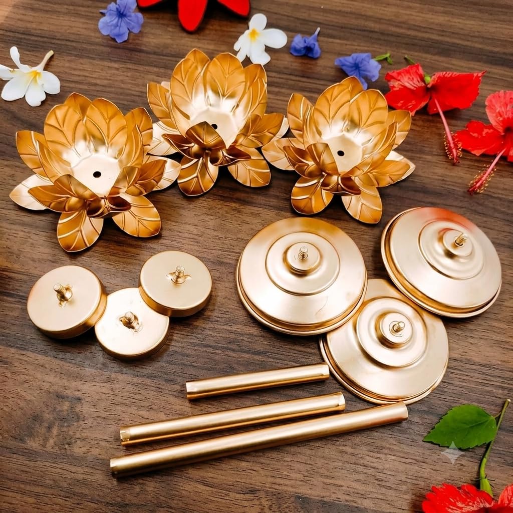 Easyera Lotus Golden Tealight Holder Stylishly Shaped Lotus Candle Stand Metal Beautiful Design Home Decoration Festival Occasions Size 12,10,8 Inch Set of 3 Not Include Glass(Adjustable)