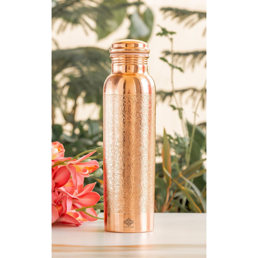 INDIAN ART VILLA Pure Copper Water Bottle with Floral Vines Embossed Design, Drinkware, Storage Purpose, Volume-1000 ML, Pack of 1