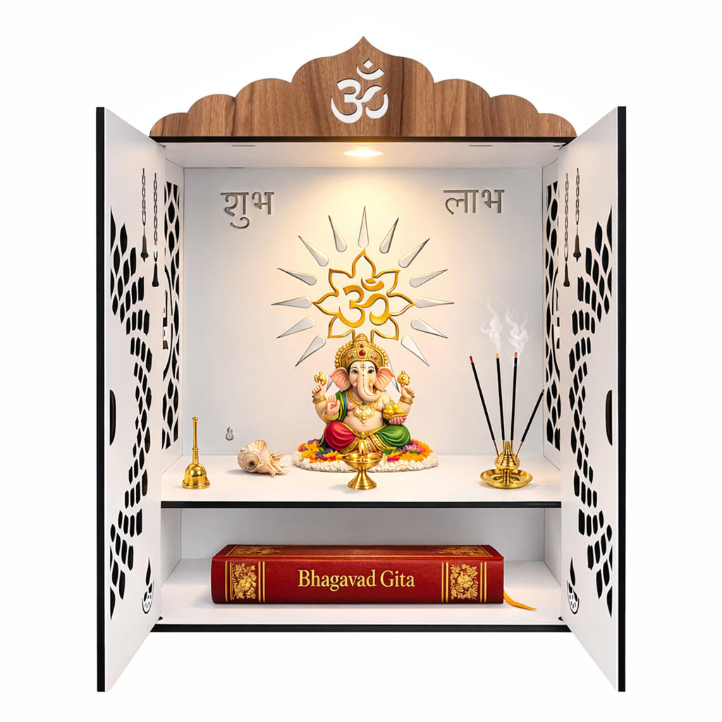 Beautiful Temple Mandir for Home with Door Wooden MDF | White Interior Pooja Temple with Storage Space | Wall Mounted & Tabletop Pooja Mandir for Home Office Decor (19.29 x 13.58 x 9.84 Inch)