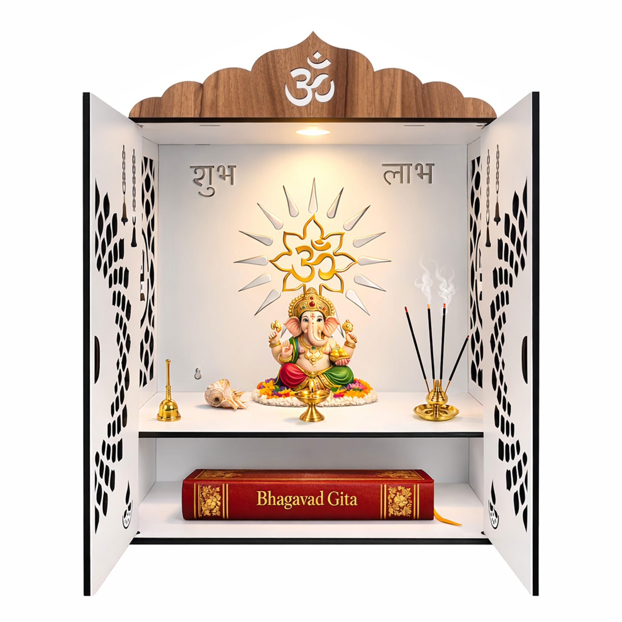 Beautiful Temple Mandir for Home with Door Wooden MDF | White Interior Pooja Temple with Storage Space | Wall Mounted & Tabletop Pooja Mandir for Home Office Decor (19.29 x 13.58 x 9.84 Inch)