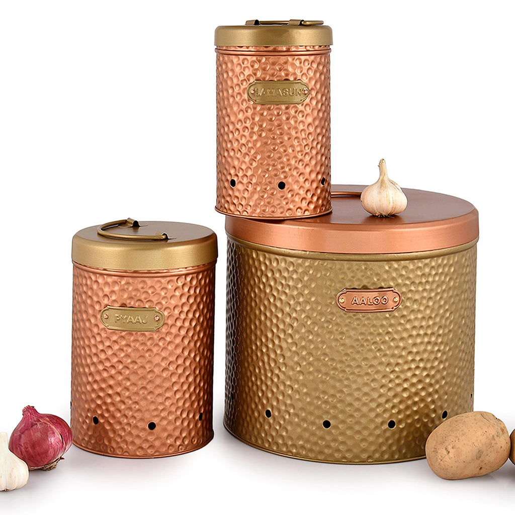 Elan Dabbahs and Days Onion Potato Garlic Storage Container Set, Kitchen Storage Canisters with Lid, Food Grade Storage Container With Lid (Set of 3, Copper and Antique Gold Finish)