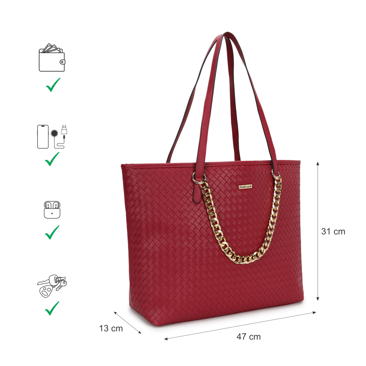 Fastrack Textured Oversized Structured Tote Bag for Women, Girls and Ladies | Fits Upto 15 Laptop with a Unique Gold Metal Chain Accent | Totes for Casual Carry | With Spacious Zipper Compartment