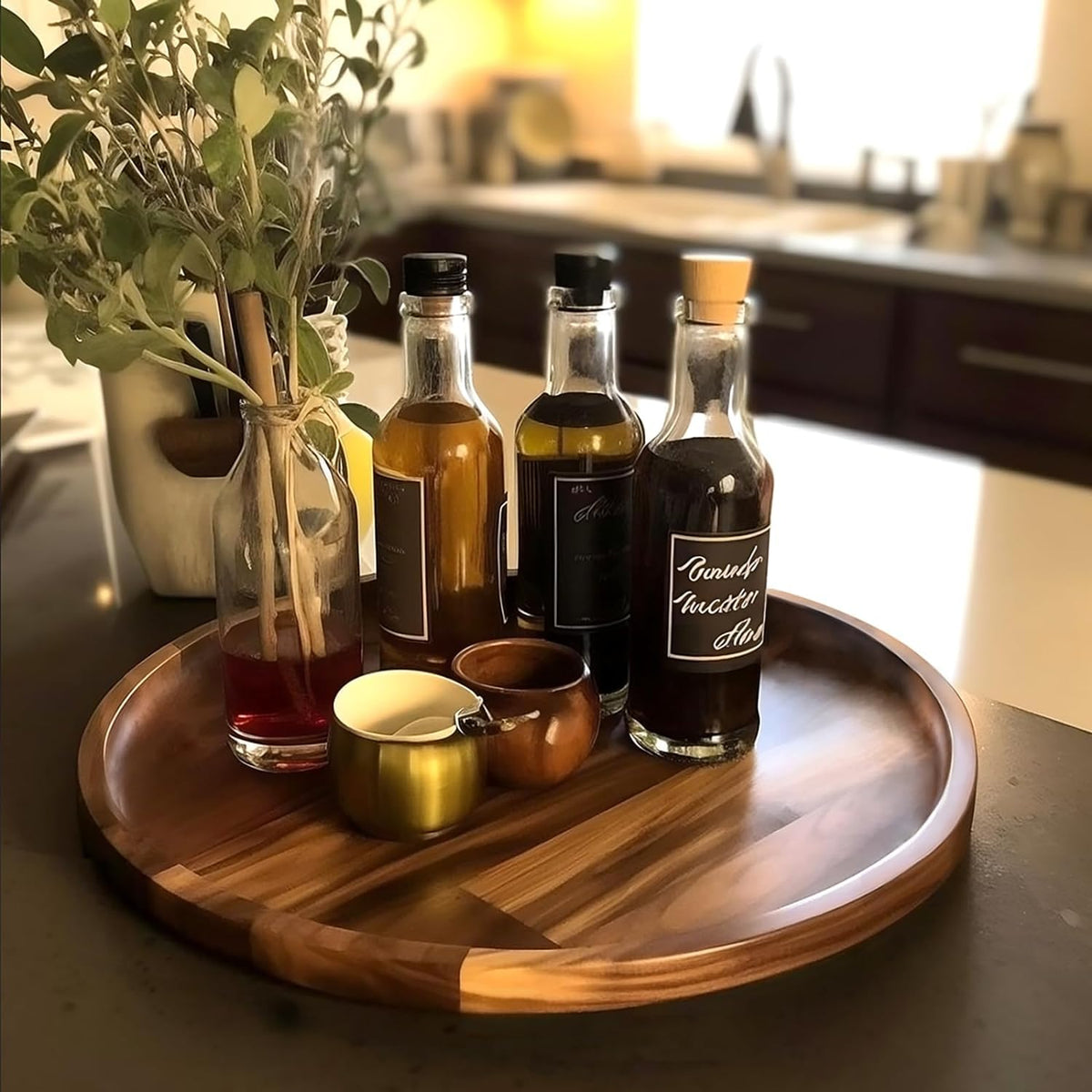 HusNain Wooden Handmade Round Serving Tray for Home Decoration- Wood Tray for Kitchen Dining Room Table - Platter for Office- Candle Tray for Coffee Table, Coffee or Breakfast (Standard)