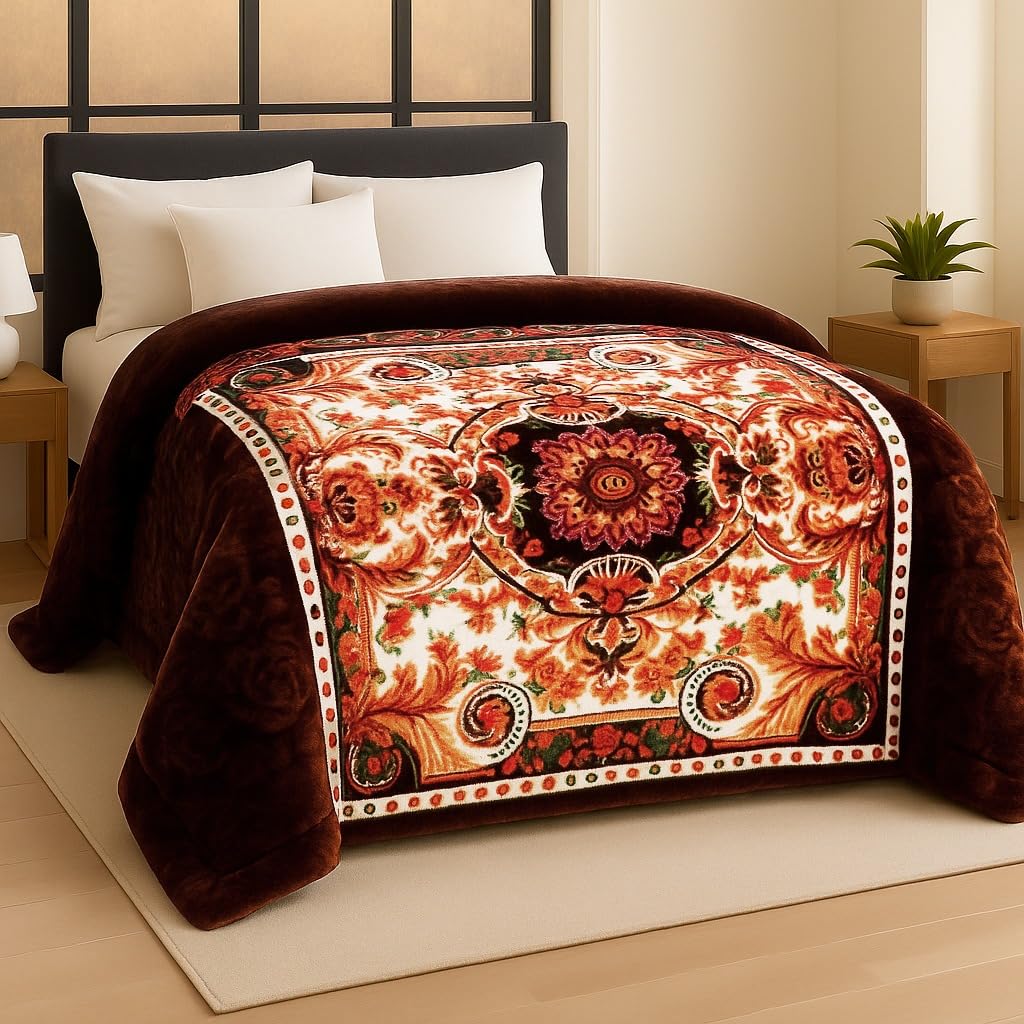 BSB HOME Super Soft Cloudy Printed Double Bed Mink Blanket for Mild Winter Heavy Winter, Single Ply (Layer) Blanket Warm Hot Cozy Lintfree 220 x 230 Cm – 2500 Grams (Chocolate Brown Maroon Floral) Kafalo