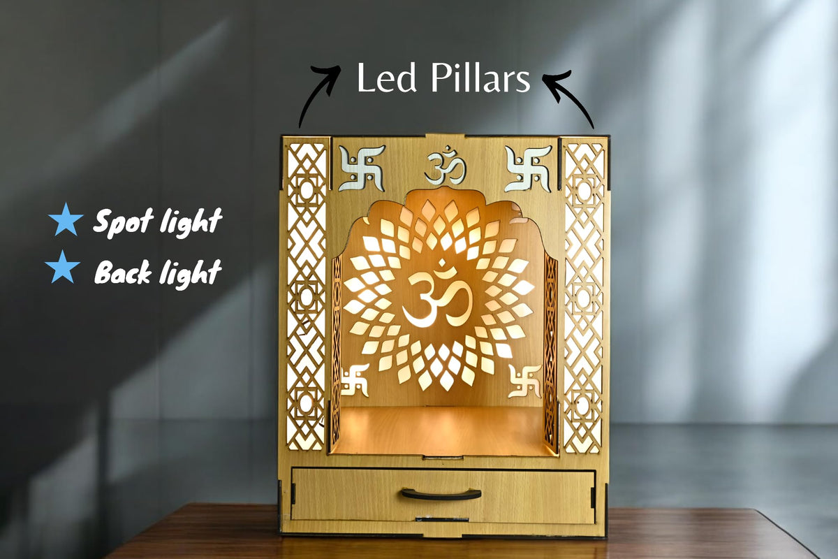 Wooden Home Mandir with LED Setup, Wall or Table Mounted (25x23x30) CM | Led Pillars | Mordern Design Temple for Home and Office | Maclarg (Light Peach)