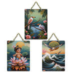Artvibes Sacred Baby Krishna With Lotus & Birds Wooden Wall Hanger for Home | Spiritual Decor Items | Wall Poster | Artwork| Stylish Modern Decor Item | Gift Items (WH_9637N), Set of 3