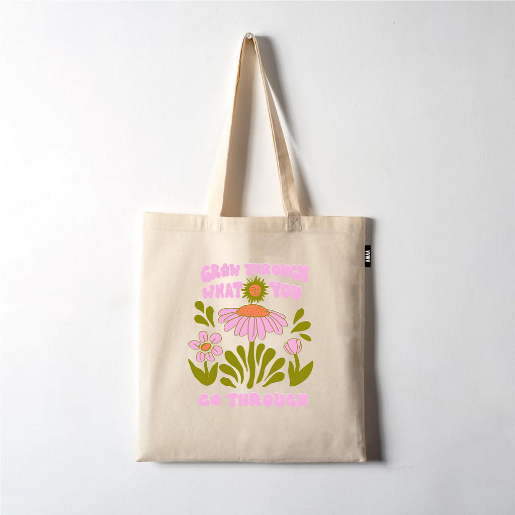 VVWV Grow Through What You Go ThroughPrinted Eono Reusable Tote Bags | 100% Organic Cotton Shopping/Grocery Bag | Multi-Purpose Bag | Sturdy Canvas Bag with 15kgs Capacity (13 x 15.7 Inch)