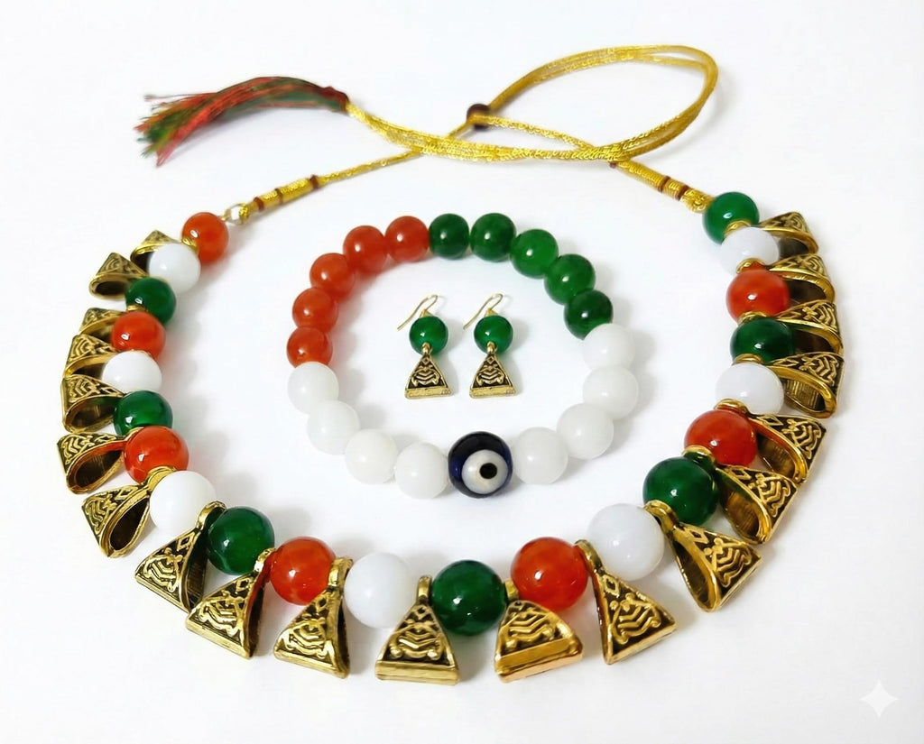 JFL - Jewellery for Less Tri Color Necklace set with Bracelet Handmade Independence Day/Republic Day in Orange, White & Green Women & Girls