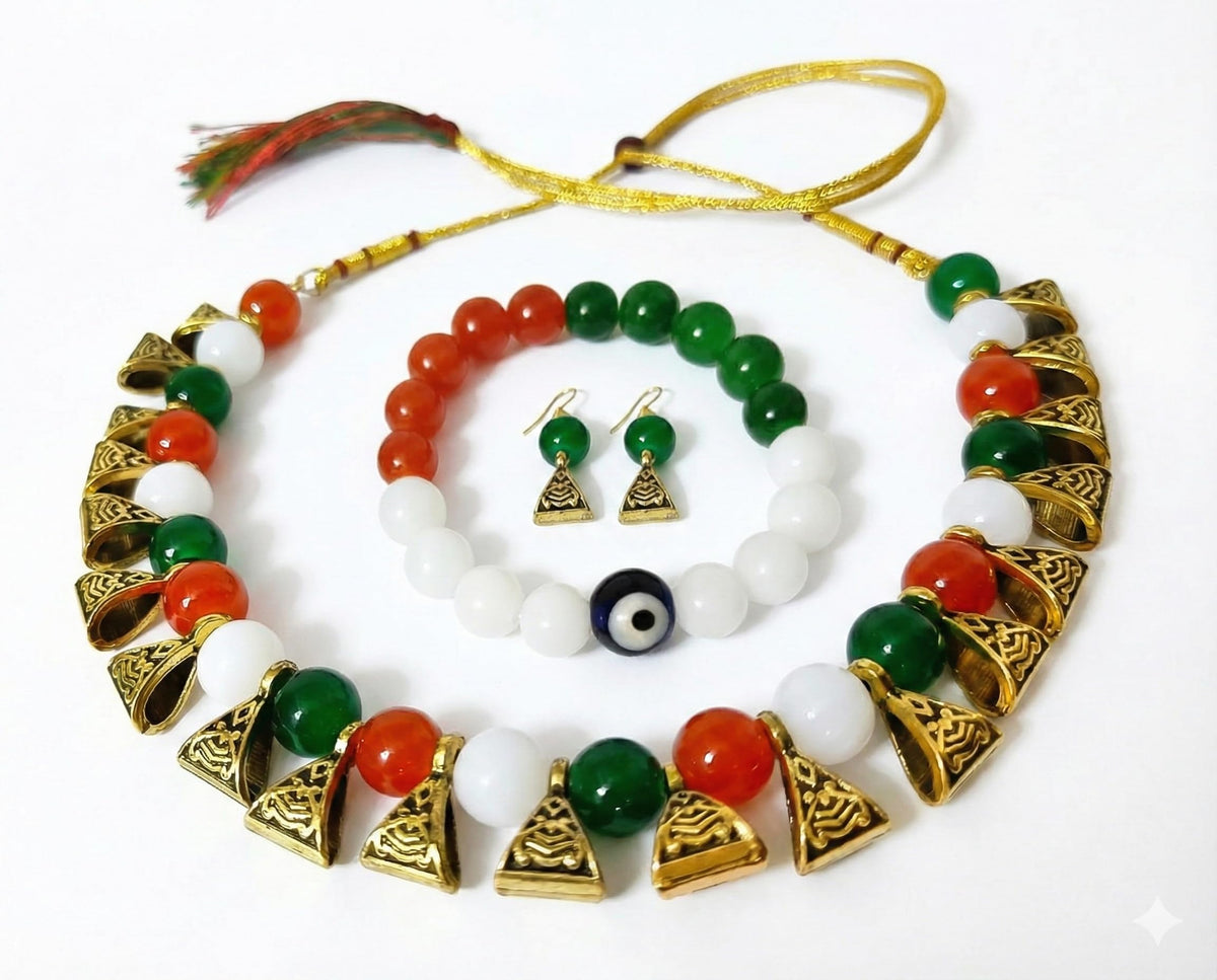 JFL - Jewellery for Less Tri Color Necklace set with Bracelet Handmade Independence Day/Republic Day in Orange, White & Green Women & Girls