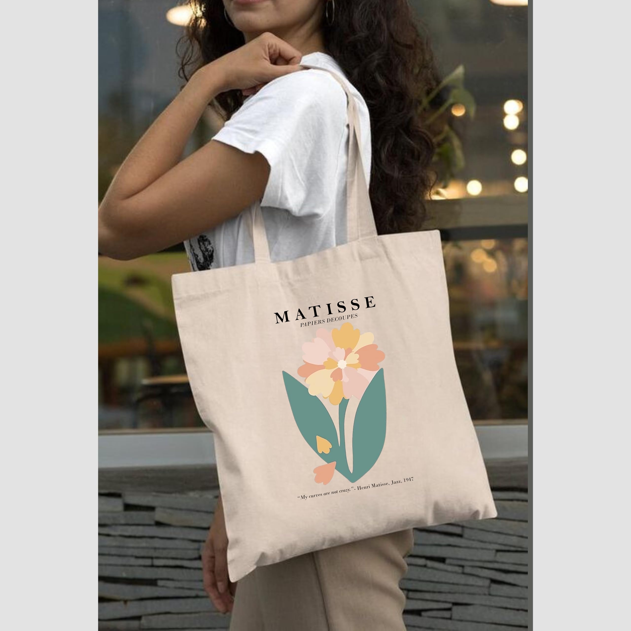 Peach Blossom Printed Cotton Zipper Tote Bags | CBAG - WHT-MATISSE_BLK-1989(9) BOX