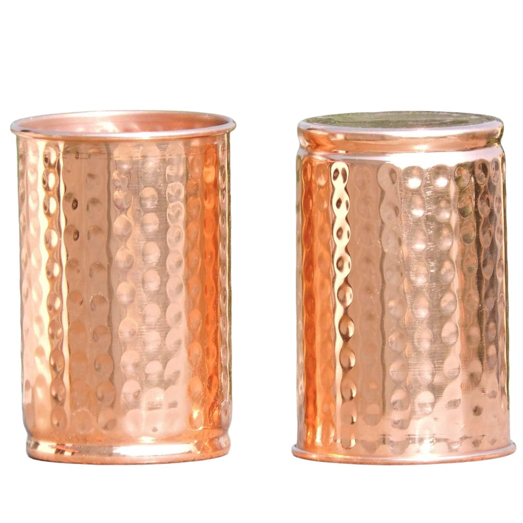 HEALTHANDWEALTH Set of 2 Hand Crafted Hammered Copper Tumbler | Pure Copper Water Mug | 300 Ml Water Hold for Ayurvedic Health Benifits (Hammered)