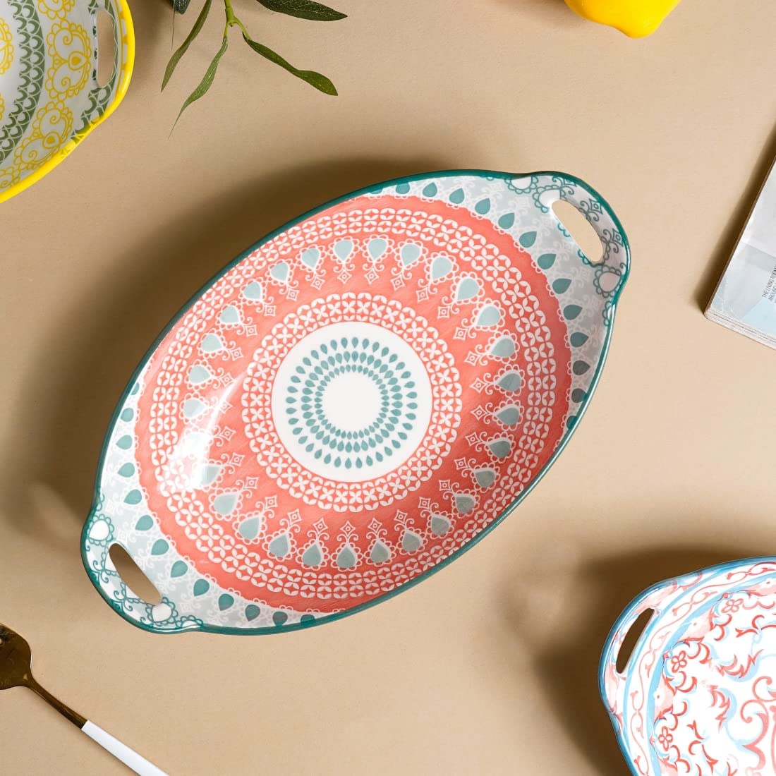 Nestasia Mandala Ceramic Long Dish with Handles (10.8 Inch) - Elegant Oval Serving Platter for Snacks, Appetizers, Salads, and Noodles | Microwave & Dishwasher Safe (Red & Green)