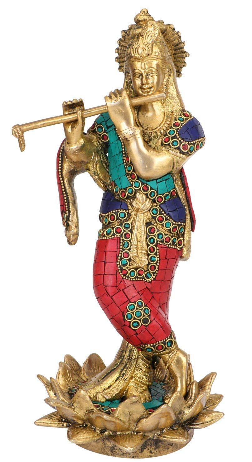 ARTVARKO Brass Murti Lord Krishna Bhagwan Statue Playing Flute on Lotus Home Decor Pooja Mandir Temple Gift Height 11 Inch