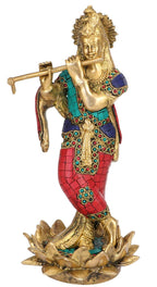 ARTVARKO Brass Murti Lord Krishna Bhagwan Statue Playing Flute on Lotus Home Decor Pooja Mandir Temple Gift Height 11 Inch