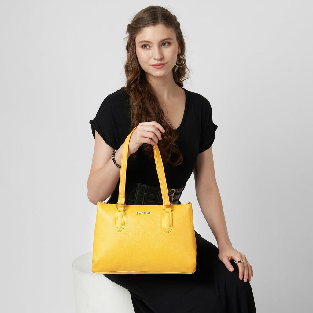 Caprese Meta Small Tote Bag for Women with Comfortable Straps | Stylish Shoulder & Handheld Bag | Fits Up to 16 Inch Laptop | Durable, Multi-Compartment Design for Work, Travel, Shopping (Ochre)