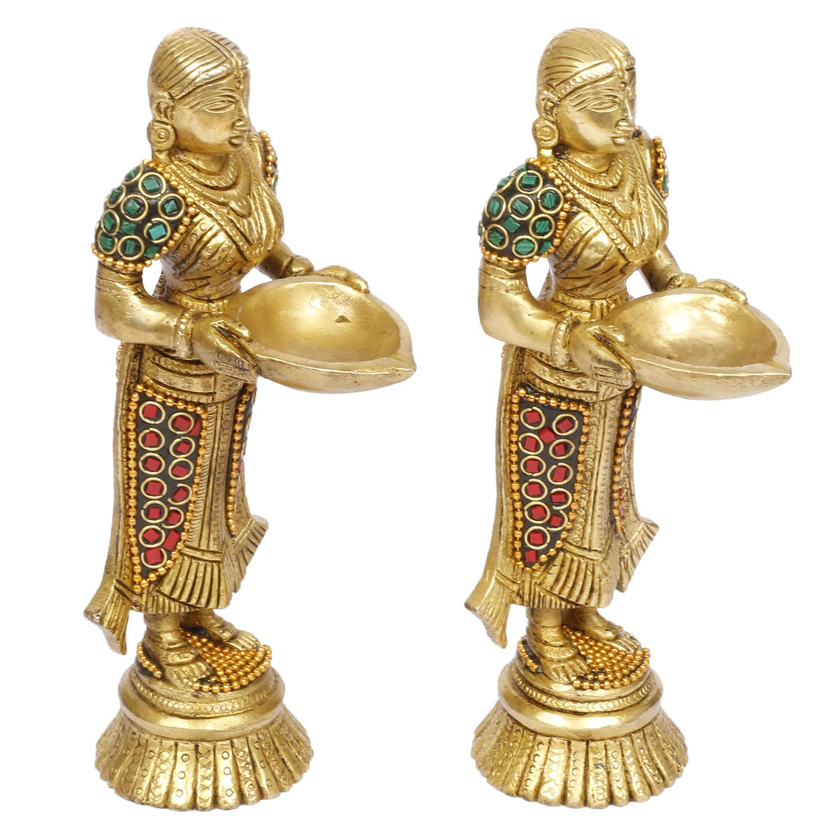 Artvarko™ Paavai Vilakku Deepam Welcome Diya Lady Pair (2 Pcs) Brass with Inlay Laxmi Deepluxmi Puja Diwali Oil Lamp Pooja Home Décor Gift 8 Inch