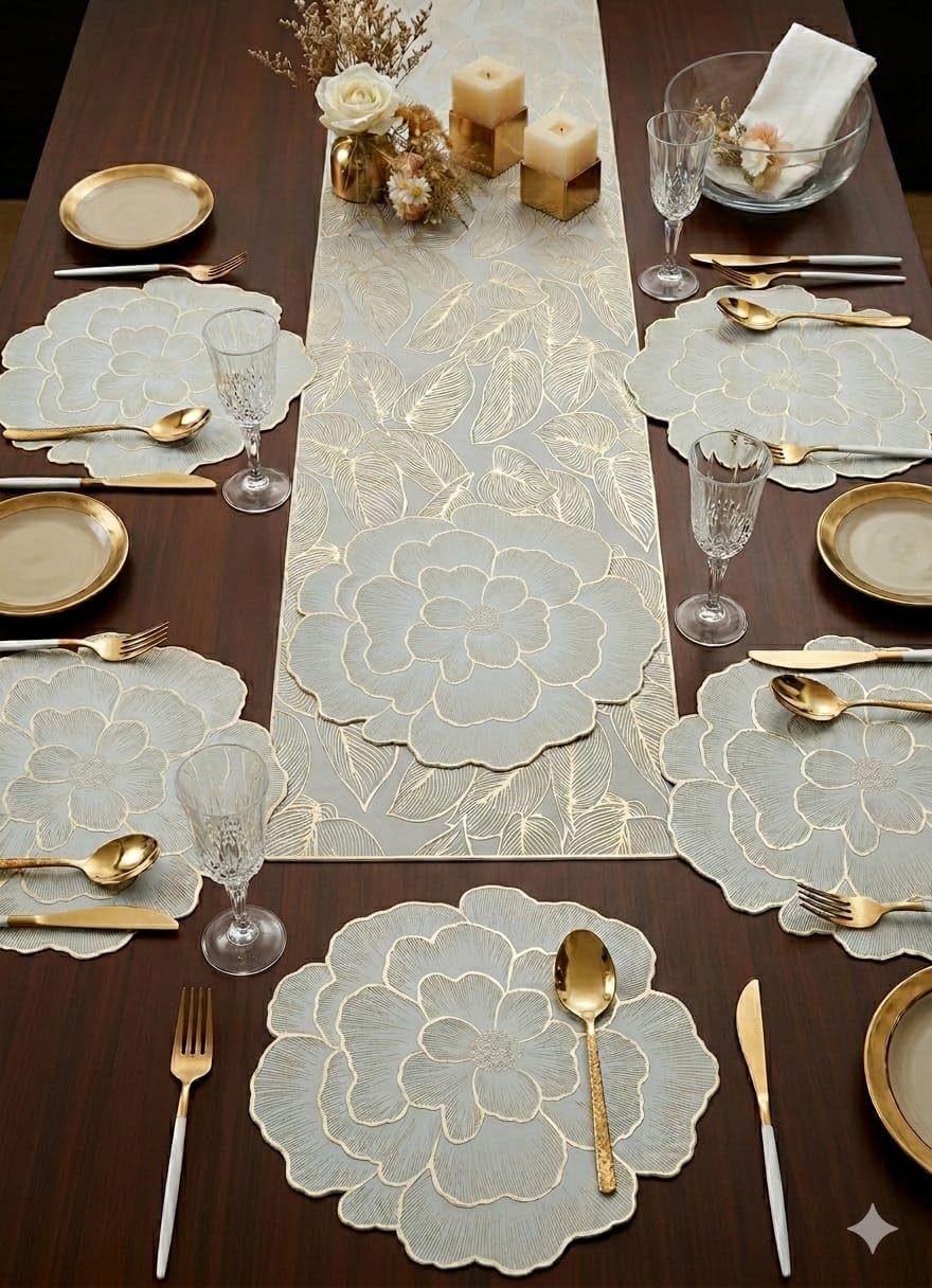 Dining Table Mats Set with Table Runner Leaf Design Placemat Set for Dining Table Stylish Table Mats (Pearl Rose Table mat +Luxury Gold Skeletal Leaf Table Runner, Pack of 9 (8+1)) Kafalo