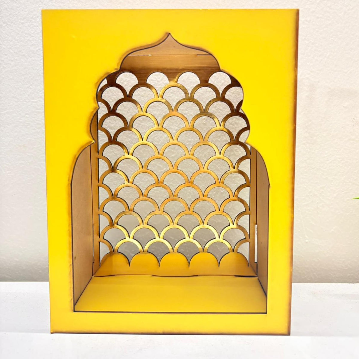 santarms Handcrafted Wooden Jharokha Temple for Home & Wall Hanging | Premium Yellow Pooja Mandir with Intricate Arch Lattice | Compact Wooden Mandir for Living Room, Office, & Wall Mount Decor