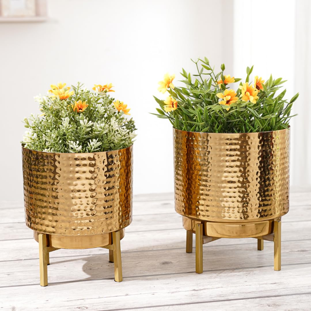 BEHOMA Hammered Gold Metal Indoor Planters Set - Set of 2