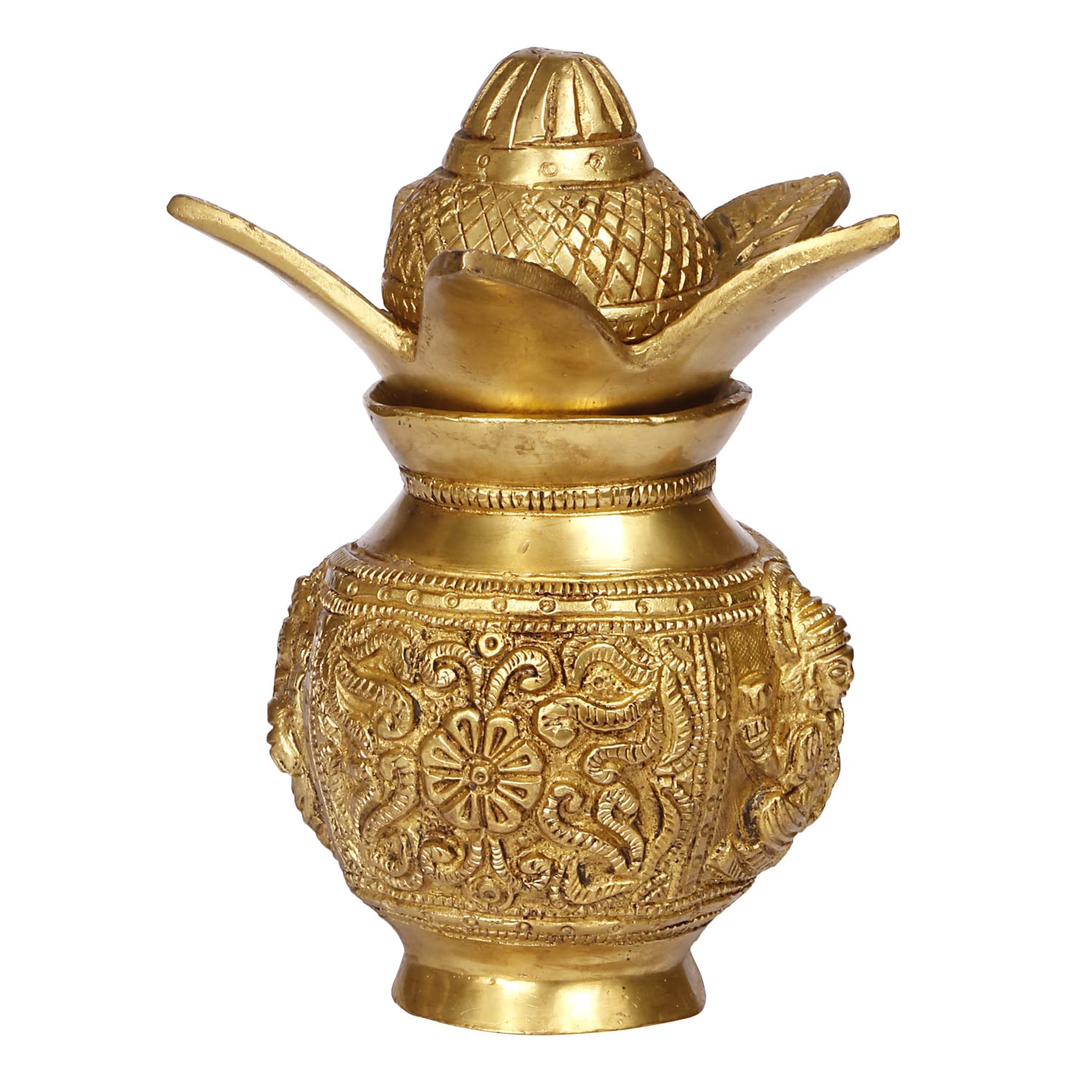 ARTVARKO Brass Laxmi Ganesha Carving Mangal Kalash with Coconut & Leafs for Gift Pooja Temple and Home Decorative Items Size 7 Inches