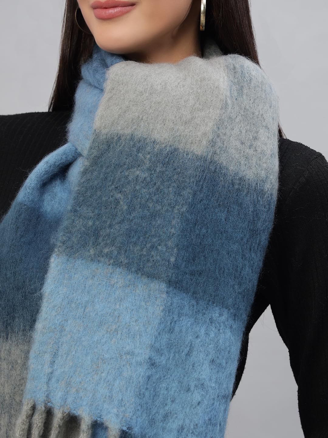 Ravaiyaa - Attitude is everything Reversible Wool Scarves Striped Pattern Women Neck Wraps Muffler Winter Wool Scarf 72 x14 Inch (Blue & White)
