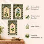 ATRANGI STUDIO Olive Bloom Handpainted Wooden Wall Frames (Set Of 3) | Jharokha Style Floral Wall Hanging | Rajasthani Traditional Art | Framed Wall Painting for Living room, Bedroom, Office | 12×8 Inch