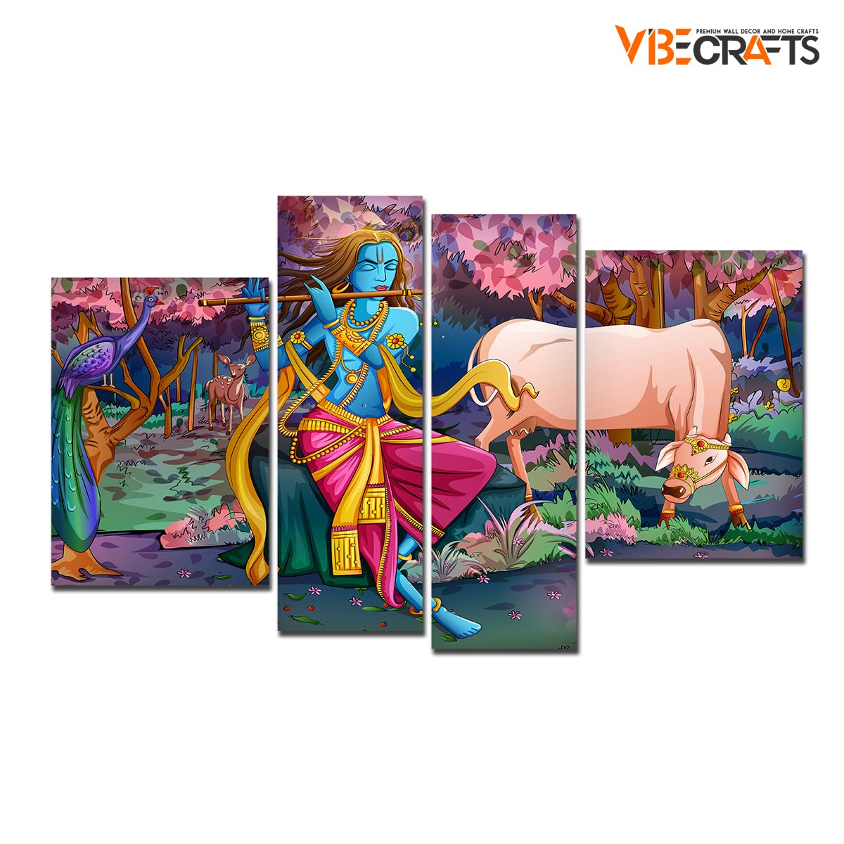 VIBECRAFTS Shree Krishna Playing Flute In The Forest 4 Pieces Canvas Wall Painting Fitted With Wooden Frame For Home | Office | Living Room | Gifts (PTVC4Pcs2_14504)