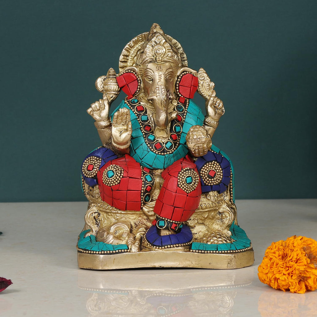 SVARUP Brass Sitting Ganesha Idol in Multicolor Height 6.5 Inch