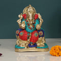 SVARUP Brass Sitting Ganesha Idol in Multicolor Height 6.5 Inch