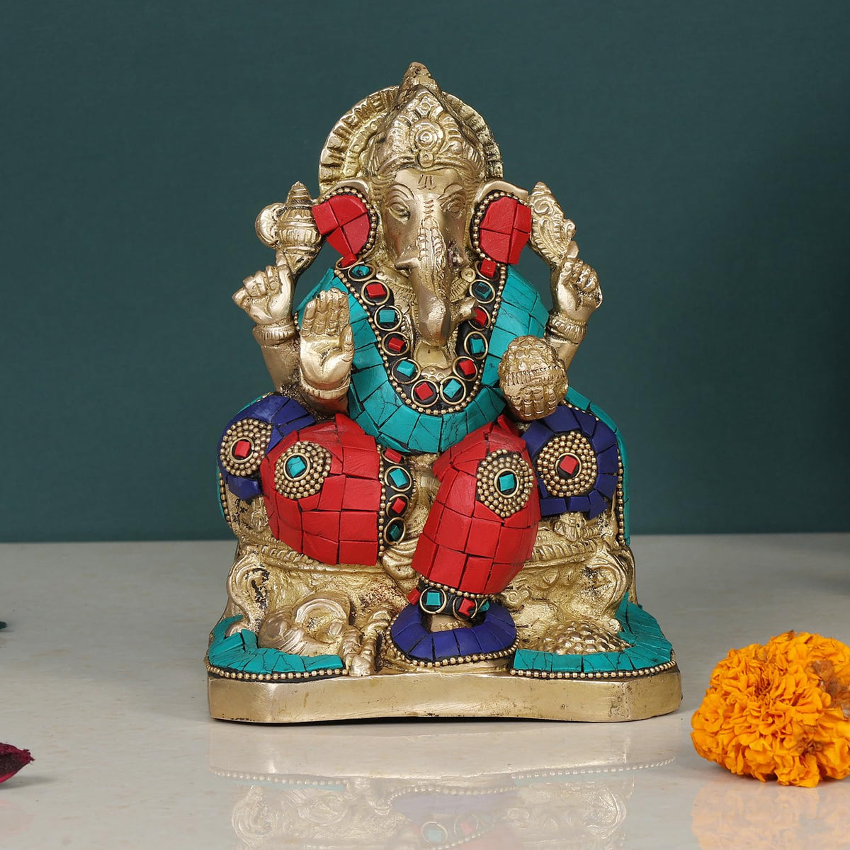 SVARUP Brass Sitting Ganesha Idol in Multicolor Height 6.5 Inch