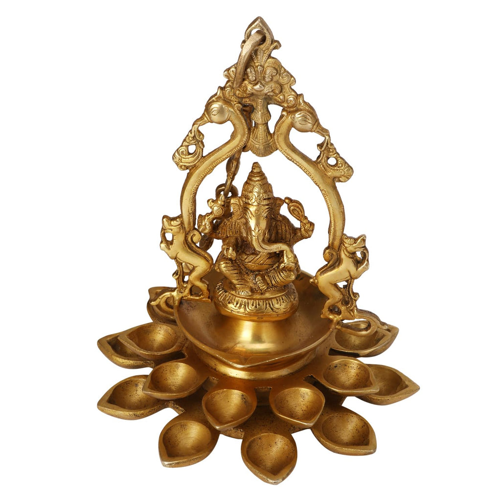 SVARUP Brass Lord Ganesh Idol with Multi Diya: Home Entrance Decor, Diwali Gift