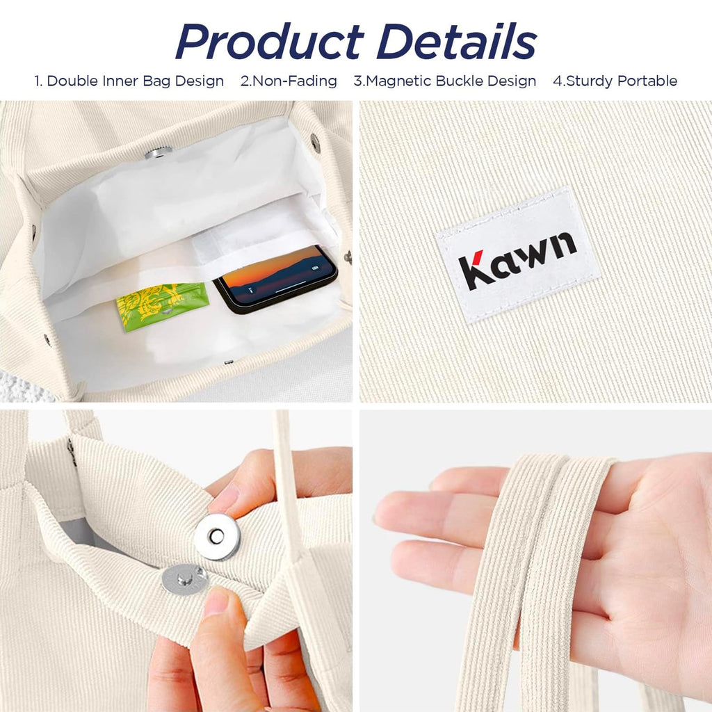Kawn Women Corduroy Western Tote Bag Canvas Shoulder Cord Purse Reusable Shopping Bag Grocery Bag Large Capacity Washable Handbag Girls Shoulder Bag With Inner Pocket For Daily Use Work Travel (Beige)