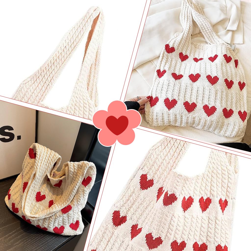 Zibuyu® Crochet Tote Bag, Soft Spacious Knit Design with Red Hearts, Y2K