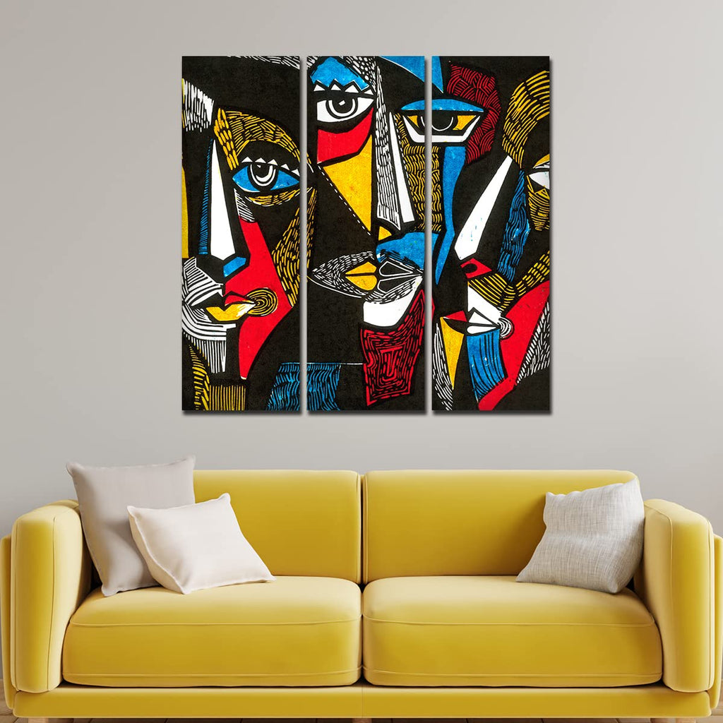 VIBECRAFTS 3 Pieces Beautiful Pattern Faces Canvas Wall Painting Fitted With Wooden Frame For Home | Office | Living Room | Gifts (PTVC3Pcs1_9532)