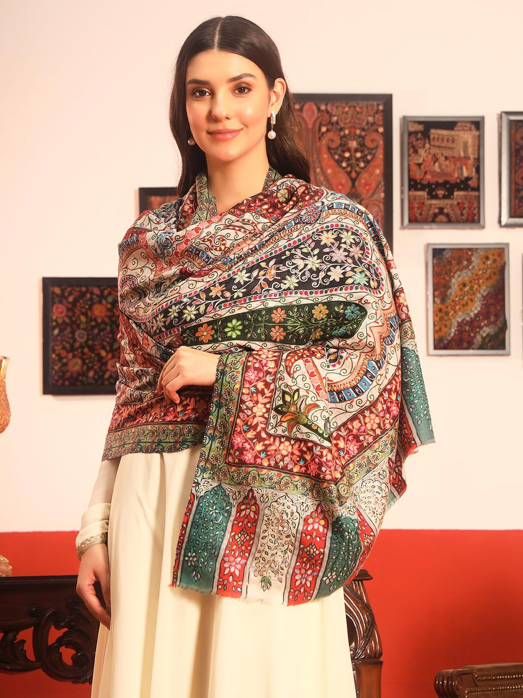 Pashmoda Women Naqshkaar Fine Wool Fabric Pashmina Kalamkari Embroidered Shawl (Size: 40x80in, 101x203cm) KAS17