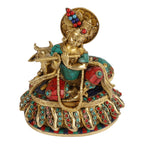Svarup Brass Shri Krishna Idol with Cow Kishan Bhagwan Murti Lord Krishna Cow Statue with Flute Big Size Height 8 Inch Weight 3.2 Kg Multicolor