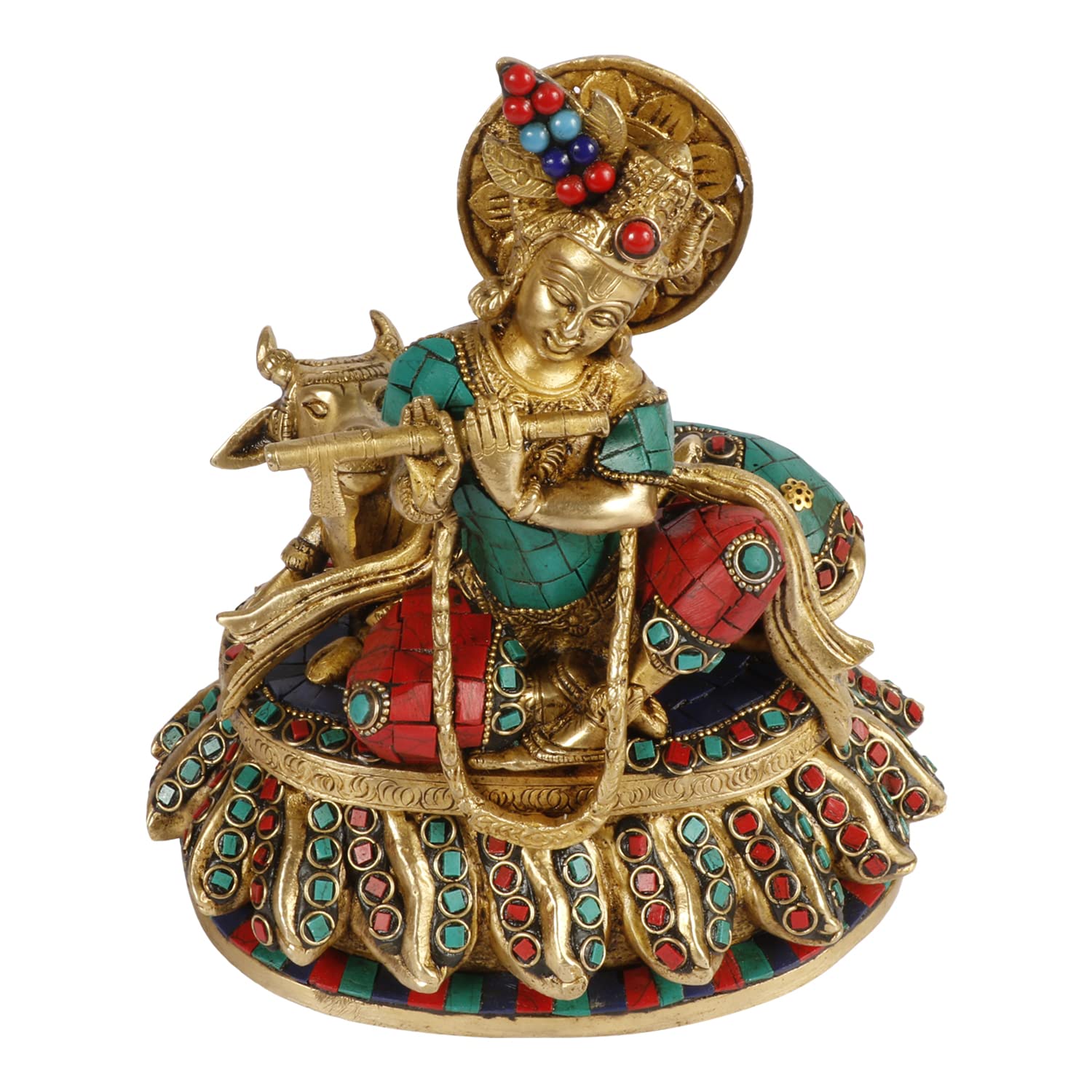 Svarup Brass Shri Krishna Idol with Cow Kishan Bhagwan Murti Lord Krishna Cow Statue with Flute Big Size Height 8 Inch Weight 3.2 Kg Multicolor