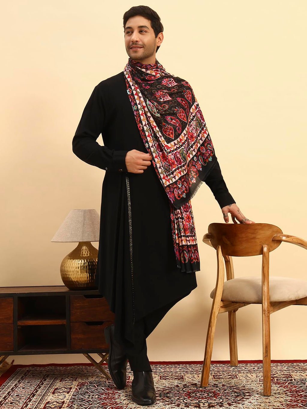 Pashmoda Men Floral Sonata Royal Fine Soft Bamboo Fibre Stole, Multicoloured Design, Evening Wrap, Luxury Pashmina Style Scarf, Wrap (Size 28x80, Black colour) MISST32