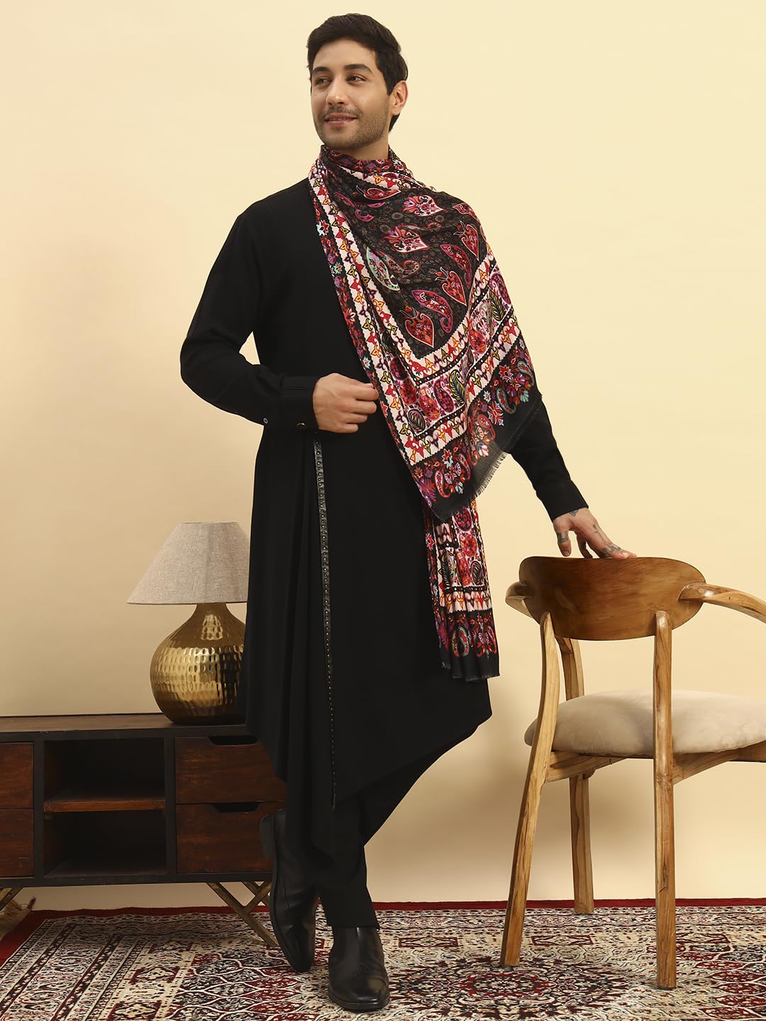 Pashmoda Men Floral Sonata Royal Fine Soft Bamboo Fibre Stole, Multicoloured Design, Evening Wrap, Luxury Pashmina Style Scarf, Wrap (Size 28x80, Black colour) MISST32
