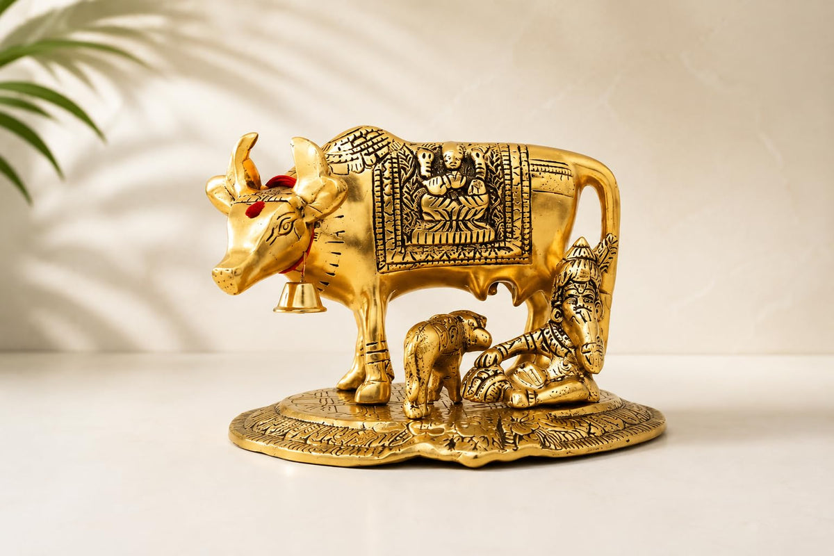 KridayKraft Kamdhenu Cow with Calf & Bal Gopal Krishna Idol, 19 cm Metal Gau MATA Statue for Home Mandir, Pooja Room, Vastu & Religious Gifting, Antique Gold Finish, 910 g