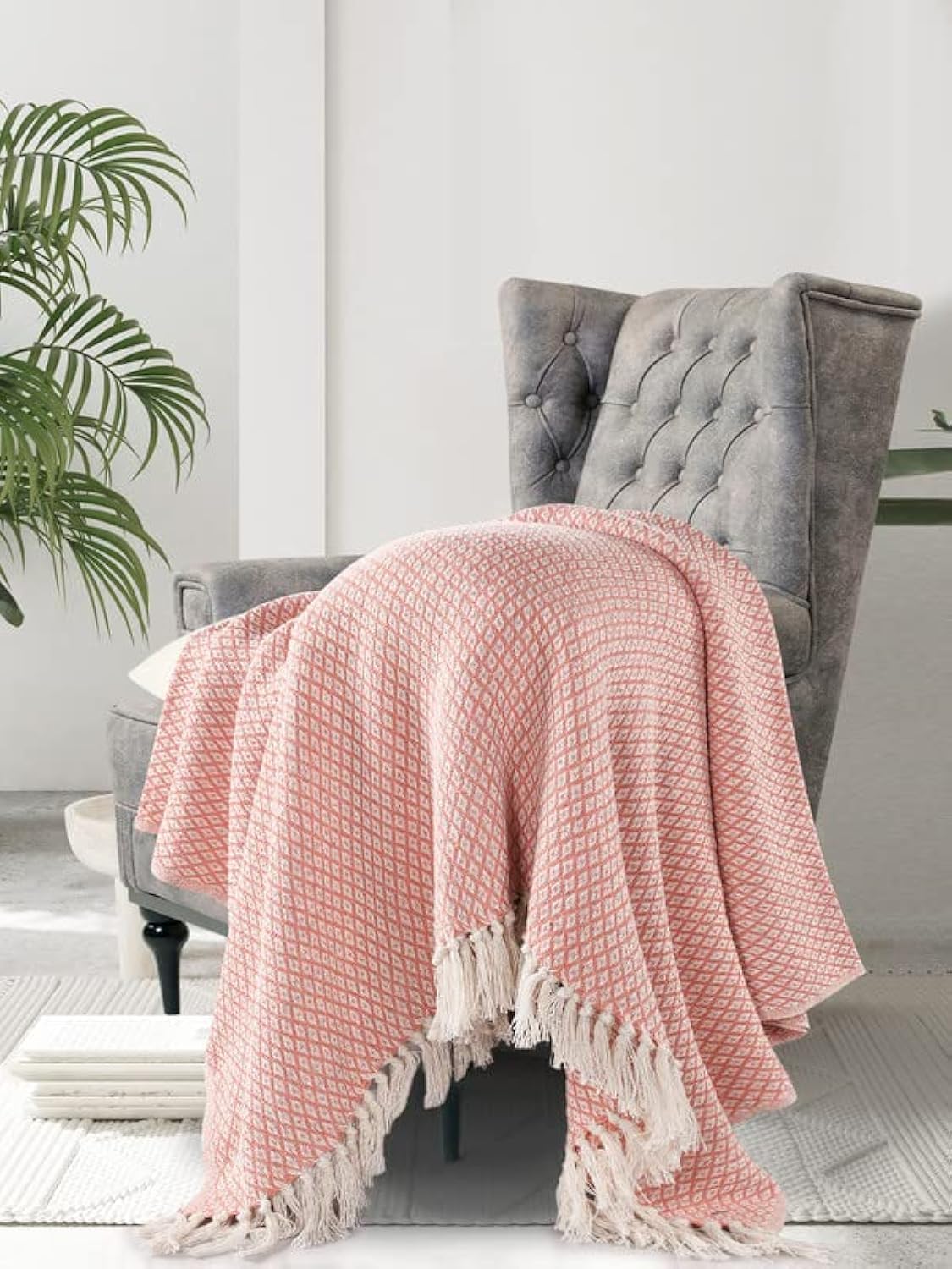SASHAA World Cotton Soft Throw Blanket | Used Both Indoor and Outdoor |Blanket for Living Room, Sofa, Bed & Chair | Peach & White Throw Blanket| Pack of 1, 160 X130 Cm Kafalo