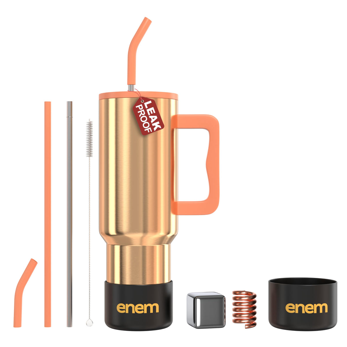 enem Tumbler, Liquid Gold, Tumbler with Metal Straw, Sipper, with Lid Leak Proof, 1 Metal Ice Cube, 1 Copper Spring (Tamba), Base Protector, Mug Travel, 1.2L