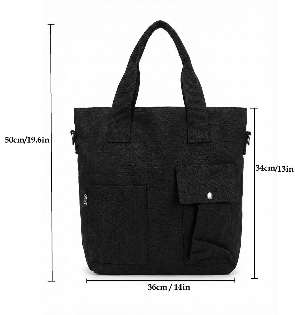 BROGBUS Canvas Tote Bag for Women Office Use, College Girls with Compartment, Black