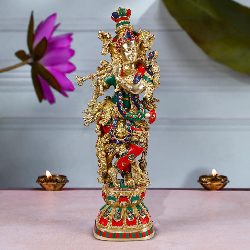 ARTVARKO Big Brass Lord Murli Manohar Krishna Idol Krishan Decorative Showpiece Figurine for Pooja Room & Gift 25 Inch