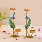 CraftVatika Metal Peacock Candle Holder Set of 2 - Perfect House Decoration Diwali Gifting Items, Handpainted Tealight Candle Holders for Home Christmas Décor (21.5 CM Height)