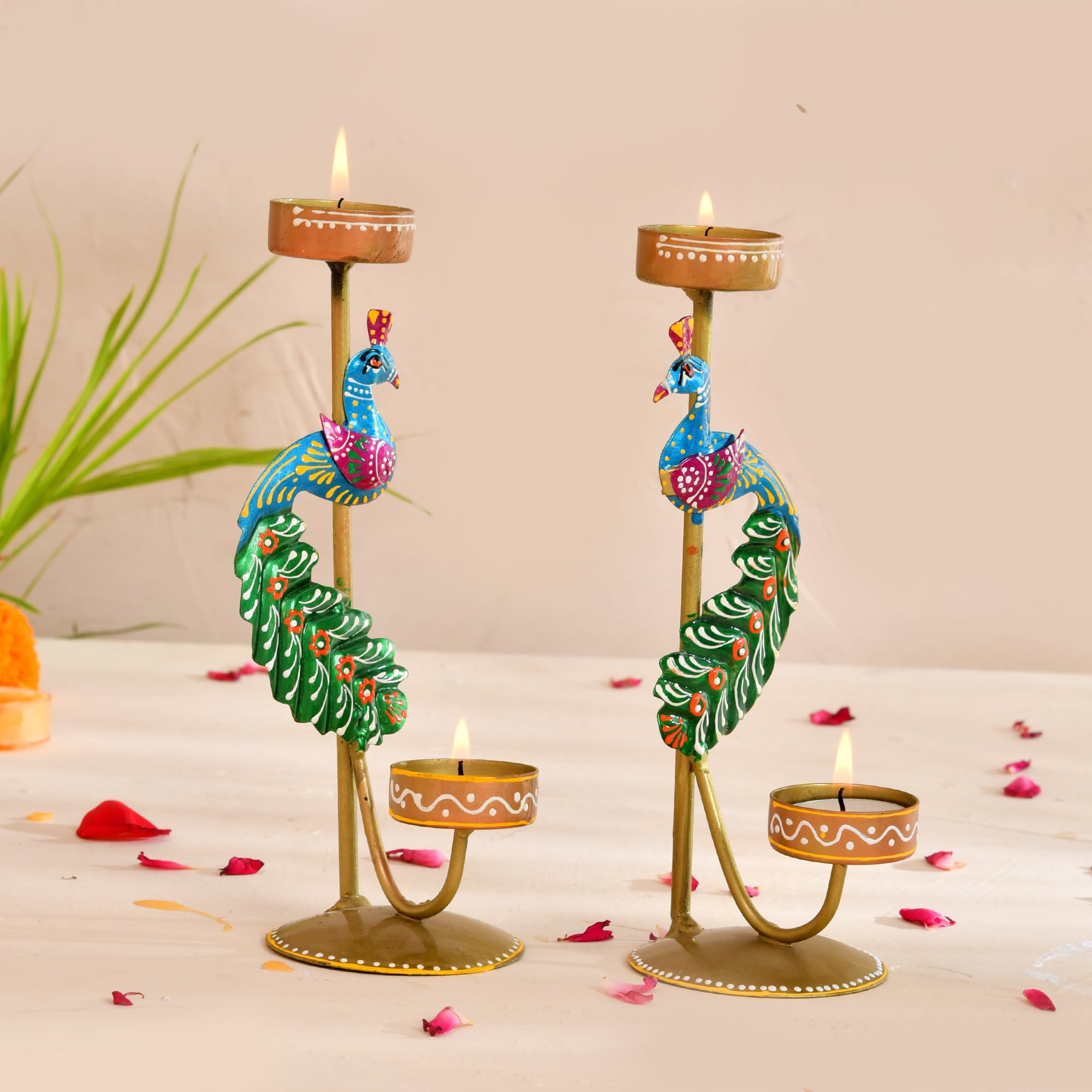 CraftVatika Metal Peacock Candle Holder Set of 2 - Perfect House Decoration Diwali Gifting Items, Handpainted Tealight Candle Holders for Home Christmas Décor (21.5 CM Height)